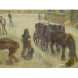 PAUL D'AGUILAR. (1927 - ****) ARR. THE COAL DELIVERY, SIGNED AND DATED OIL ON CANVAS. 40 x 51cms.