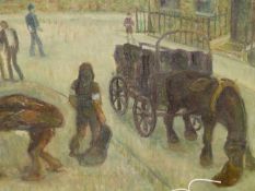 PAUL D'AGUILAR. (1927 - ****) ARR. THE COAL DELIVERY, SIGNED AND DATED OIL ON CANVAS. 40 x 51cms.