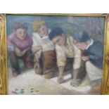 RONA READE. 20th.C.AMERICAN SCHOOL. OUR BOYS, SIGNED OIL ON CANVAS IN CARVED GILTWOOD ART NOUVEAU
