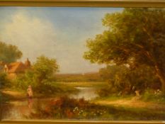 19th/20th.C.ENGLISH SCHOOL. BY THE RIVER BANK, SIGNED INDISTINCTLY, OIL ON CANVAS 23 x 31cms.