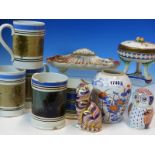 A COLLECTION OF MISCELLANEOUS CERAMICS, TO INCLUDE: FOUR MOCHA WARE PINT MUGS, A DERBY CAT, A FLORAL