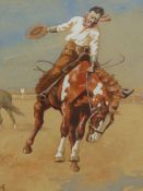 EARLY 20th.C.SCHOOL. THE BUCKING BRONCO, INITIALLED AND DATED 1929, WATERCOLOUR. 25 x 18cms.