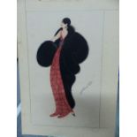 ERTE. (1892-1990) A FASHIONABLE LADY IN A RED DRESS, SIGNED WATERCOLOUR, UNMOUNTED AND UNFRAMED.