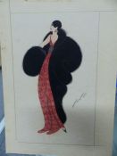 ERTE. (1892-1990) A FASHIONABLE LADY IN A RED DRESS, SIGNED WATERCOLOUR, UNMOUNTED AND UNFRAMED.