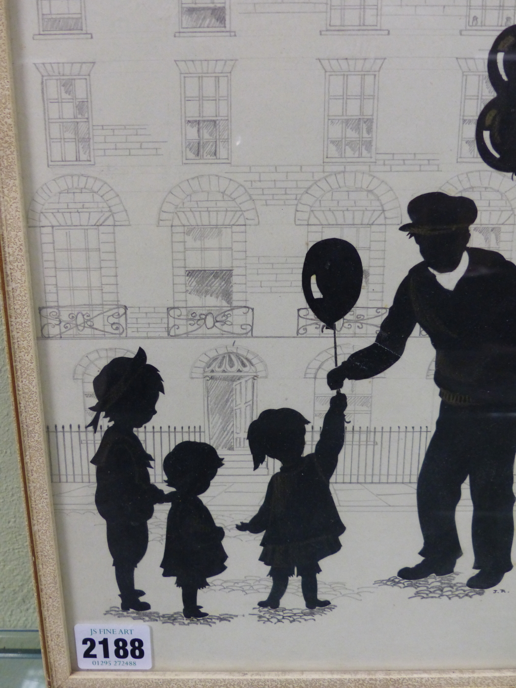 20th.C.ENGLISH SCHOOL. A SILHOUETTE OF A BALLOON VENDOR AND CHILDREN, INITIALLED I.B. PEN AND INK - Image 3 of 5