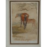 SIR EDWIN LANDSEER (1802-1873). SKETCH OF TWO HORSES. SIGNED WATERCOLOUR. 11.5 x 6.5cms.