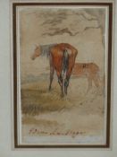 SIR EDWIN LANDSEER (1802-1873). SKETCH OF TWO HORSES. SIGNED WATERCOLOUR. 11.5 x 6.5cms.