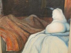 20th.C.SCHOOL. RECLINING NUDE, GOUACHE. 50 x 64cms TOGETHER WITH AN ABSTRACT PASTEL INDISTINCTLY