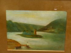 20th.C.SCOTTISH NAIVE SCHOOL. HIGHLAND CATTLE, INITIALLED OIL ON BOARD 20.5 x 34.5cms. TOGETHER WITH