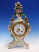 A MEISSEN PORCELAIN FLORAL ENCRUSTED ROCOCO CLOCK CASE ON FOUR LEGS, THE JAPY FRERES MOVEMENT