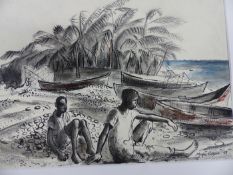 MOYA COZENS. MID-20th.C. ARR. A CARIBBEAN BEACH SCENE, SIGNED AND DATED 1959, INK AND WATERCOLOUR,