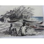 MOYA COZENS. MID-20th.C. ARR. A CARIBBEAN BEACH SCENE, SIGNED AND DATED 1959, INK AND WATERCOLOUR,