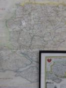 AFTER J. CARY. AN ANTIQUE HAND COLOURED MAP OF HAMPSHIRE. 57 x 48cms TOGETHER WITH ANOTHER ANTIQUE