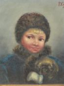 19th.C.CONTINENTAL SCHOOL. HER FAVOURITE PET, INITIALLED AND DATED, OIL ON CANVAS. 24 x 18.5cms.