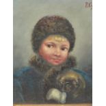 19th.C.CONTINENTAL SCHOOL. HER FAVOURITE PET, INITIALLED AND DATED, OIL ON CANVAS. 24 x 18.5cms.