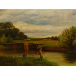 19/20th.C.ENGLISH SCHOOL. FISHING BY THE LOCH, MONOGRAMMED OIL ON CANVAS. 42 x 62cms.