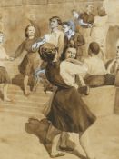 20th.C.ENGLISH SCHOOL. SCHOOL'S OUT, GRISAILLE WATERCOLOUR, INSCRIBED VERSO. 37 x 32cms.