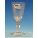 AN 18th C. GERMAN WINE GLASS, THE CONICAL BOWL ENGRAVED WITH THE CROWN OF A MARKGRAVE OVER C M P