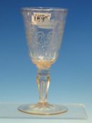 AN 18th C. GERMAN WINE GLASS, THE CONICAL BOWL ENGRAVED WITH THE CROWN OF A MARKGRAVE OVER C M P