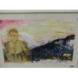 ADELITA HUSNI-BEY. CONTEMPORARY. ARR. FIGURES IN MOUNTAINS, MIXED MEDIA. 29.5 x 42cms TOGETHER