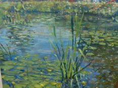L. DINGLEY. CONTEMPORARY. ARR. THE LILY POND, SIGNED OIL ON CANVAS BOARD. 41 x 41cms.