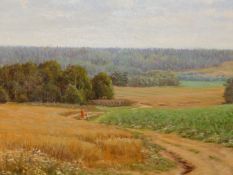 20th.C.ENGLISH SCHOOL. A RURAL TRACK, SIGNED INDISTINCTLY, DATED 1987, OIL ON BOARD 45 x 64.5cms.