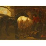 19th.C.ENGLISH SCHOOL. IN THE STABLE, OIL ON METAL PANEL. 14 x 18.5cms.