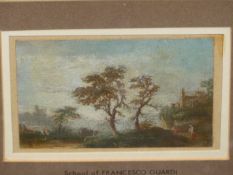 ITALIAN OLD MASTER SCHOOL. A CAPPRICCIO LANDSCAPE VIEW, OIL ON CANVAS LAID DOWN. 7 x 10.5cms.