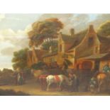 OLD MASTER FLEMISH/DUTCH SCHOOL. TRAVELLERS OUTSIDE AN INN, OIL ON PANEL. 39 x 56cms.