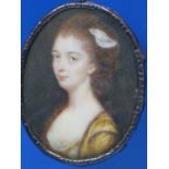 18th.C.ENGLISH SCHOOL. OVAL MINIATURE PORTRAIT OF A LADY, WHITE METAL ENCLOSED FRAME 5 x 4cms.