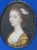 18th.C.ENGLISH SCHOOL. OVAL MINIATURE PORTRAIT OF A LADY, WHITE METAL ENCLOSED FRAME 5 x 4cms.