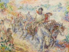 CLAUDE BENDALL (1891-1970) ARR. PACK HORSES, SIGNED WATERCOLOUR 42 x 52cms.
