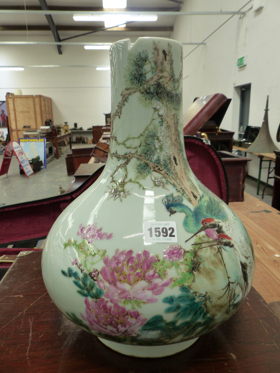 A CHINESE BOTTLE VASE PAINTED ON ONE SIDE WITH A PEACOCK AND TWO CRANES AMONGST FLOWERS AND WITH - Image 8 of 13