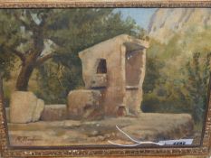 R THORBURN. 20th.C.ENGLISH SCHOOL. ARR. MOORISH WELL, SIGNED OIL ON BOARD. 34 x 42cms.