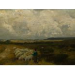 M.HEYL. 19th/20th.C.CONTINENTAL SCHOOL. HERDING THE FLOCK, SIGNED OIL ON CANVAS. 51 x 77.5cms.