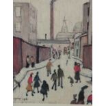 LAWRENCE STEPHEN LOWRY. (1887-1976). ARR. STREET SCENE, PENCIL SIGNED COLOURED PRINT. 29 x 22.5cms.