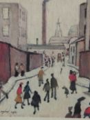 LAWRENCE STEPHEN LOWRY. (1887-1976). ARR. STREET SCENE, PENCIL SIGNED COLOURED PRINT. 29 x 22.5cms.