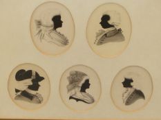 20th.C.ENGLISH SCHOOL. FIVE OVAL SILHOUETTE PORTRAITS OF LADIES AND GENTLEMEN IN 18th.C.DRESS, PEN