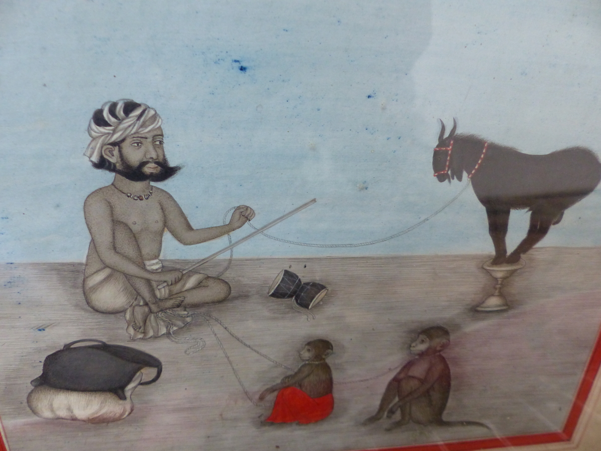 AN INDIAN MINIATURE DEPICTING A SEATED MAN WITH HIS PERFORMING GOAT AND MONKEYS. 23 x 19cms. - Image 10 of 17