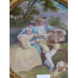 MID 19th.C.CONTINENTAL SCHOOL. THREE OVAL SCENES OF 18th CENTURY COURTING COUPLES, OIL ON CANVAS.