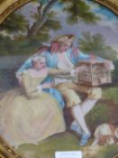 MID 19th.C.CONTINENTAL SCHOOL. THREE OVAL SCENES OF 18th CENTURY COURTING COUPLES, OIL ON CANVAS.