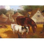 19th.C.ENGLISH SCHOOL. THE FARMYARD, OIL ON CANVAS. 26 x 36cms.