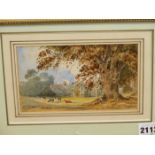 THREE 19th.C.ENGLISH LANDSCAPE WATERCOLOURS. A VIEW OF CATTLE BY A COUNTRY HOUSE, INITIALLED AND