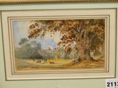 THREE 19th.C.ENGLISH LANDSCAPE WATERCOLOURS. A VIEW OF CATTLE BY A COUNTRY HOUSE, INITIALLED AND