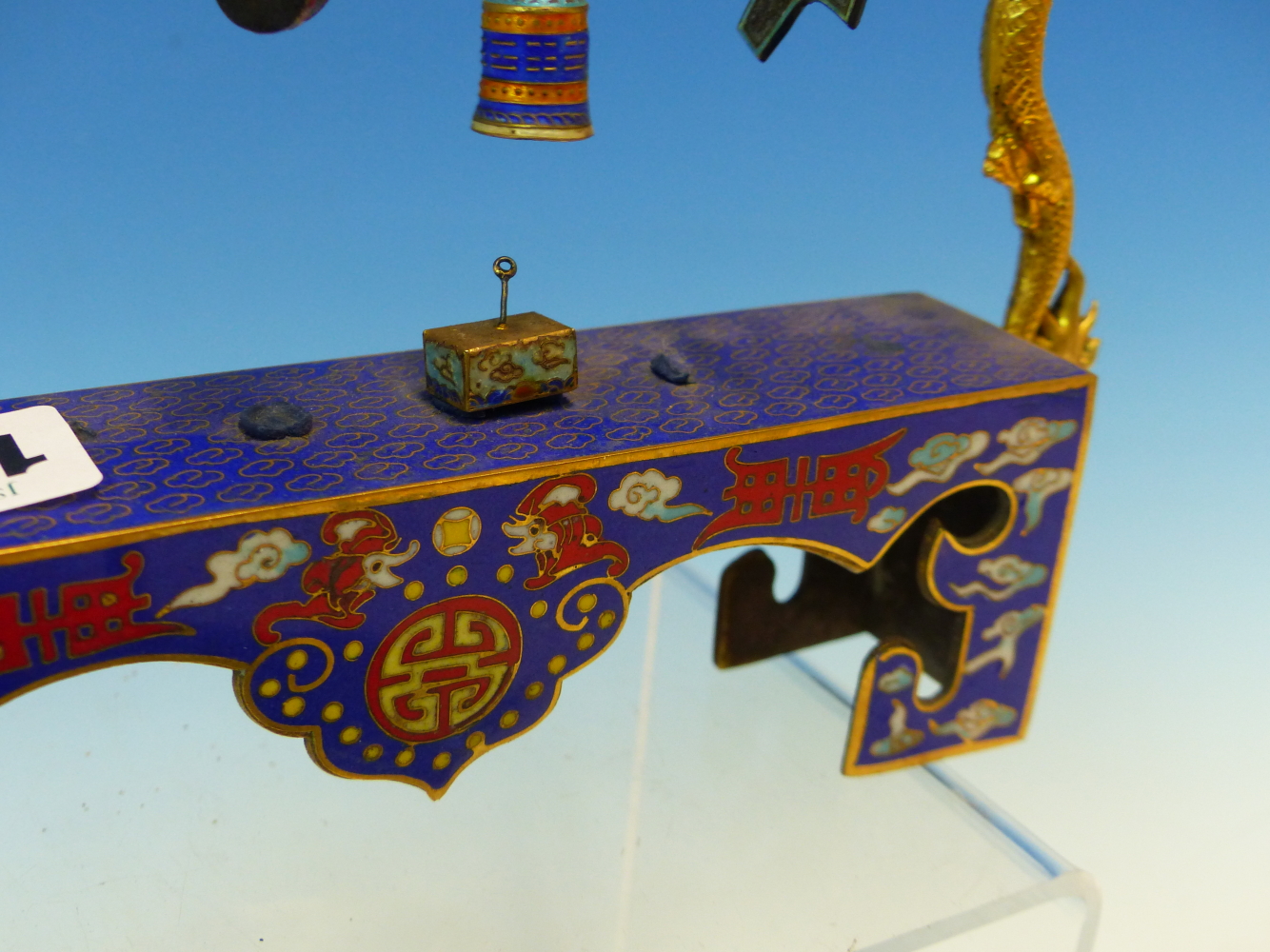 A CHINESE CLOISONNE BUDDHIST BLUE GROUND ALTAR SURMOUNTED BY GILT DRAGONS BREATHING FIREY CLOUDS - Image 5 of 55