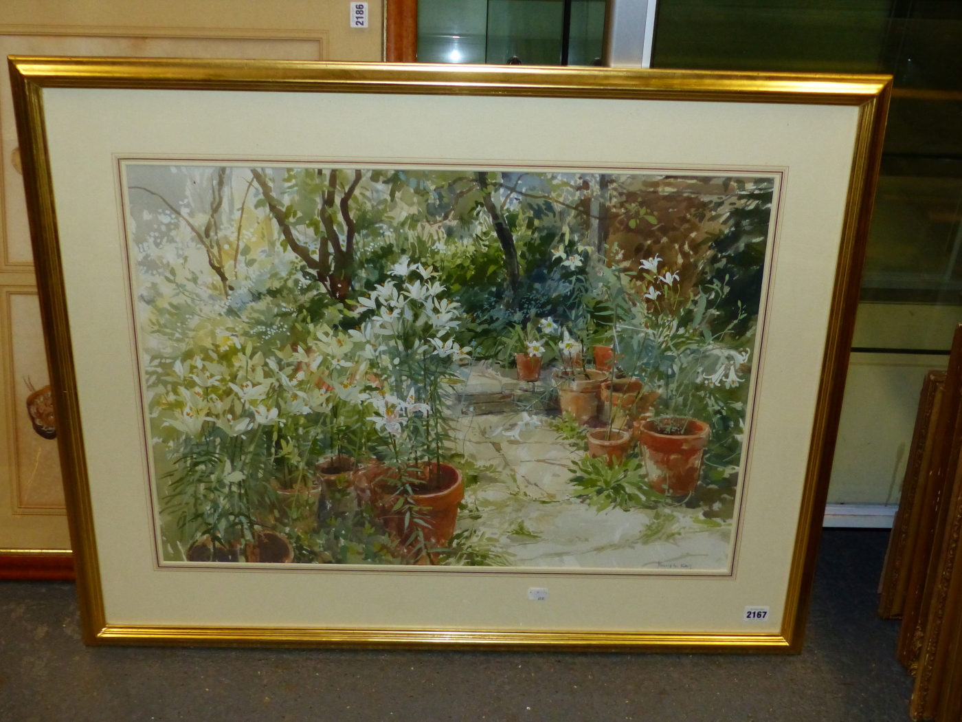 PAMELA KAY. CONTEMPORARY. ARR. LILLIES IN THE GARDEN, SIGNED WATERCOLOUR, GALLERY LABEL VERSO. 50 - Image 4 of 6