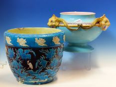 A MINTON MAJOLICA CHINOISERIE TURQUOISE, WHITE AND AUBERGINE PLANTER. Dia. 28cms. TOGETHER WITH