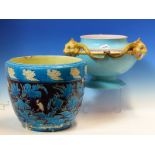 A MINTON MAJOLICA CHINOISERIE TURQUOISE, WHITE AND AUBERGINE PLANTER. Dia. 28cms. TOGETHER WITH