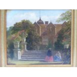 19th.C.ENGLISH SCHOOL. IN THE GARDEN OF A COUNTRY HOUSE. OIL ON PANEL. 17 x 19.5cms.