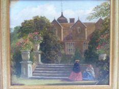 19th.C.ENGLISH SCHOOL. IN THE GARDEN OF A COUNTRY HOUSE. OIL ON PANEL. 17 x 19.5cms.